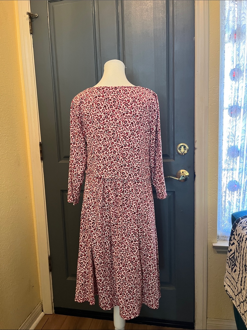 Lands' End Deep Red/Pink Floral Long Sleeve Dress - Picture 2 of 4